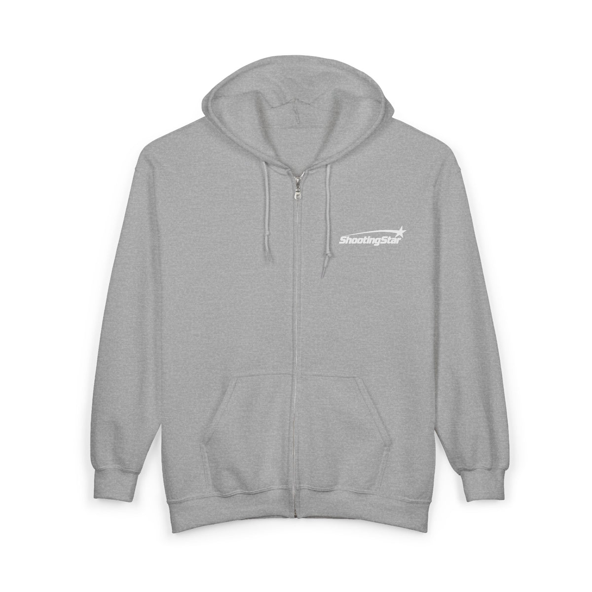 Grey fabric zip-up hoodie with a white ShootingStar logo printed on the chest.