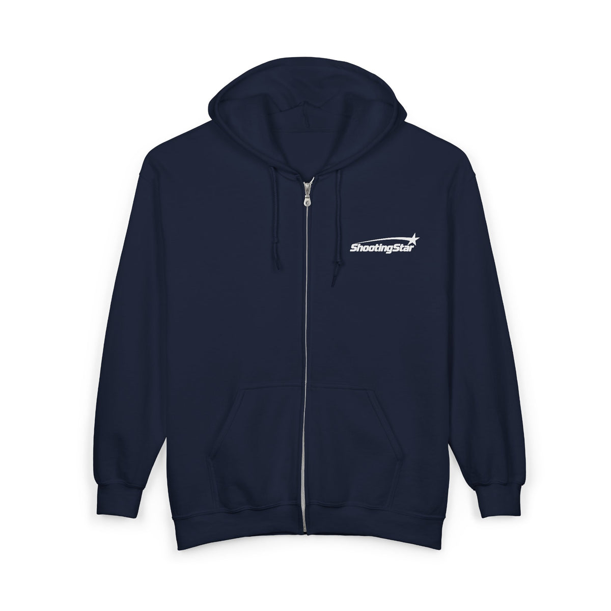 Navy blue fabric zip-up hoodie with a white Shooting Star logo printed on the left chest.