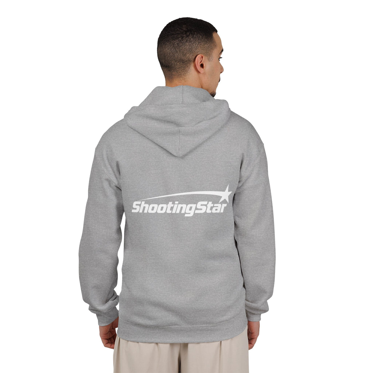 Back view of a grey fabric zip-up hoodie featuring a white Shooting Star graphic printed across the center.