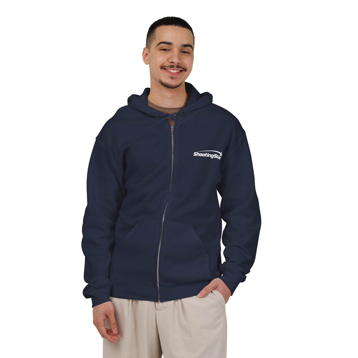 Navy blue fabric zip-up hoodie with ShootingStar printed in white on the chest, worn by a man.