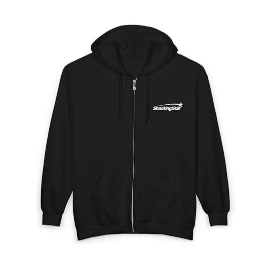 Black fabric zip-up hoodie with a white Shooting Star logo printed on the left chest.