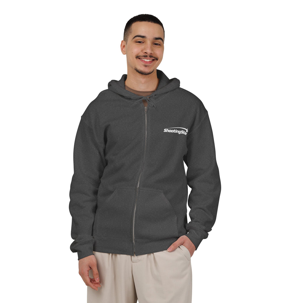 Man wearing a dark grey fabric zip-up hoodie with ShootingStar printed in white on the chest.