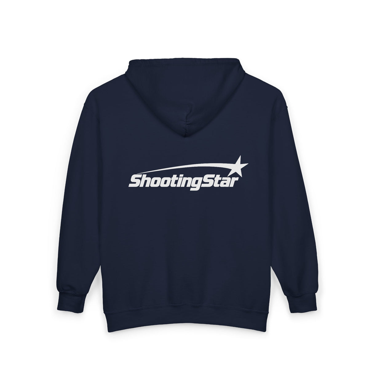 Back view of a navy blue fabric zip-up hoodie featuring a white ShootingStar logo with a star graphic across the center.