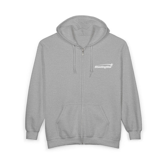 Grey fabric zip-up hoodie with a white ShootingStar logo printed on the chest.