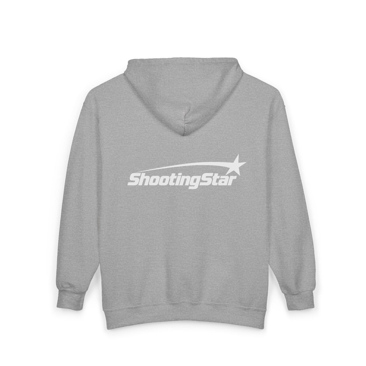 Back view of a grey fabric hoodie featuring a white Shooting Star graphic printed across the center.