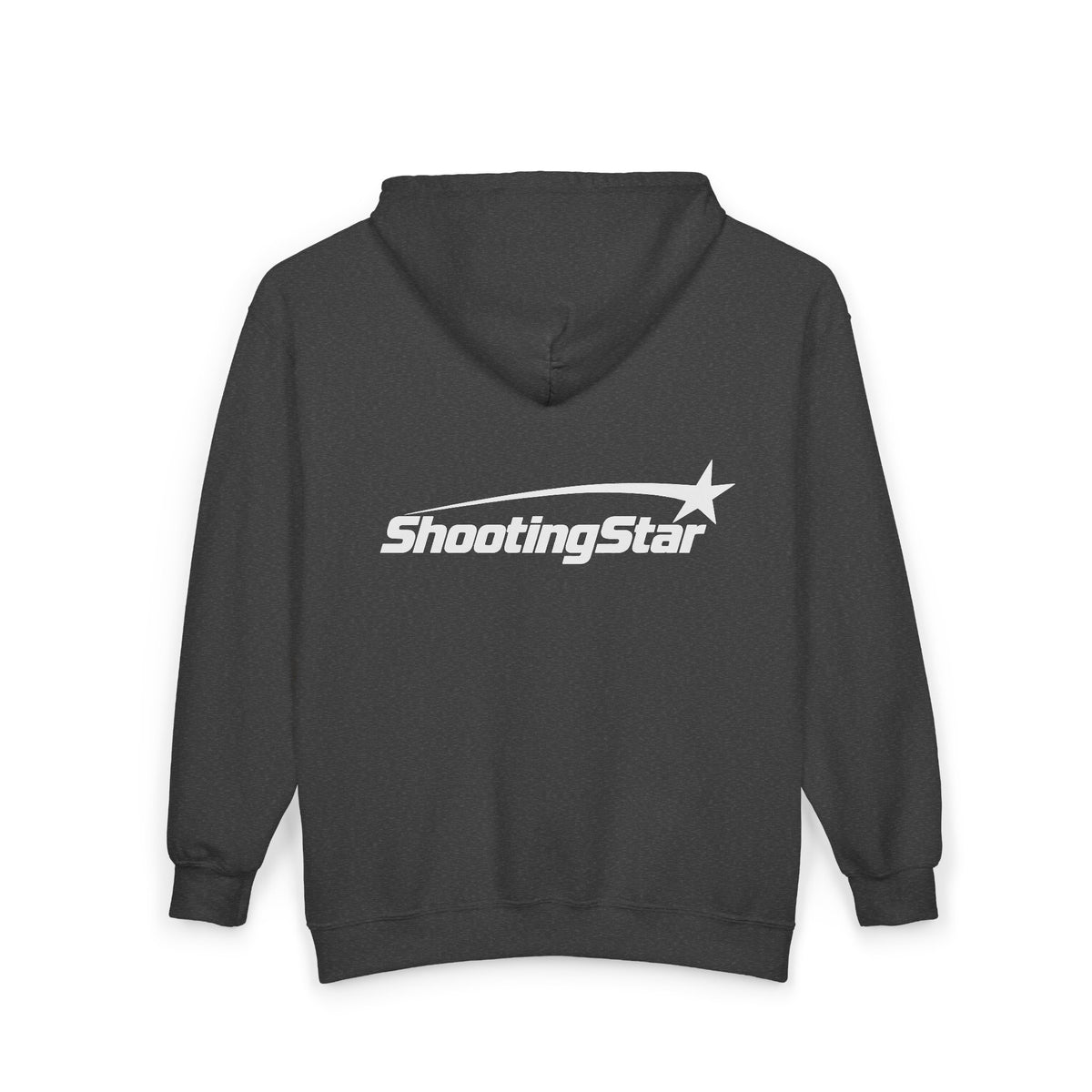 Back view of a dark gray fabric hoodie featuring a white ShootingStar graphic and star icon across the center.
