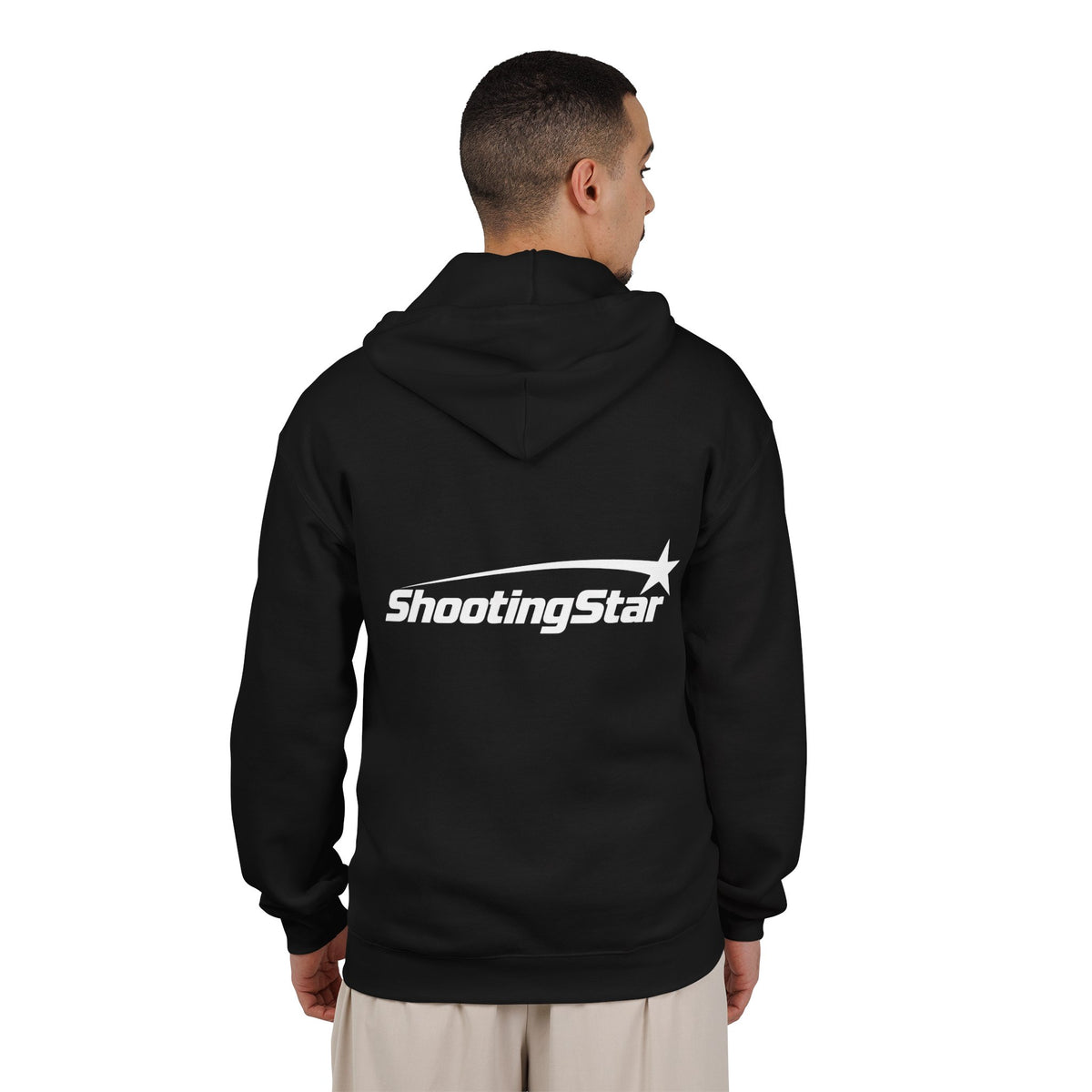 Back view of a black fabric zip-up hoodie featuring a white Shooting Star graphic and logo printed across the center.