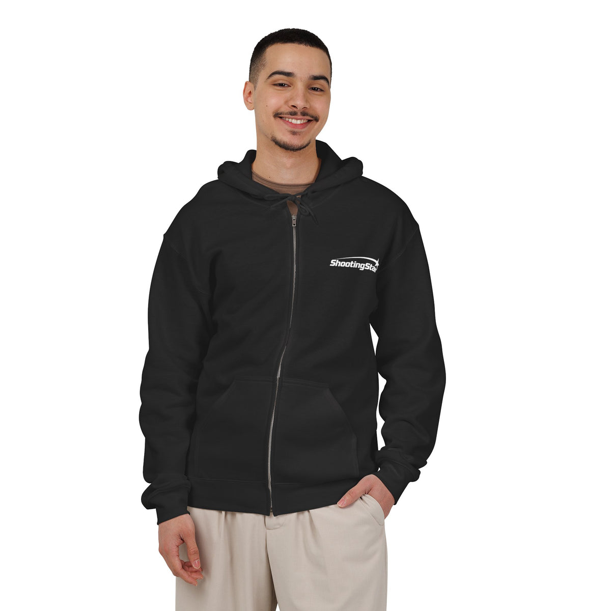 Black fabric zip-up hoodie with a white ShootingStar logo on the chest, worn by a man against a white background.