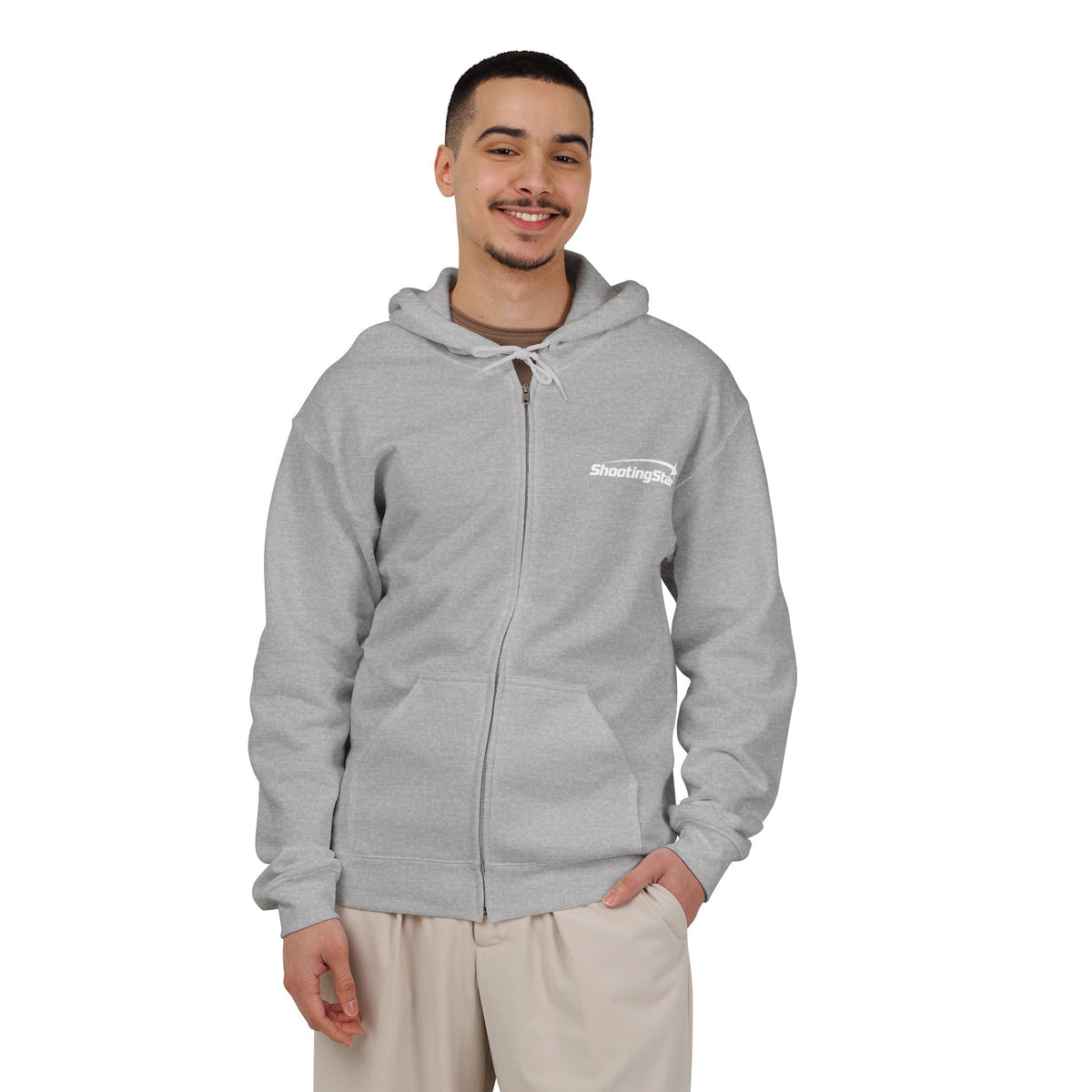Grey fabric zip-up hoodie with ShootingStar printed in white on the chest, worn by a man against a white background.