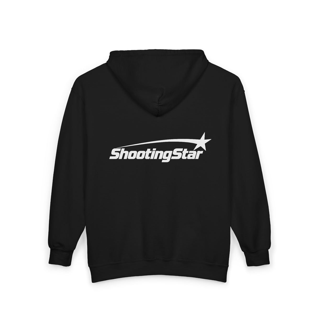 Back view of a black fabric hoodie featuring a white ShootingStar logo with a star graphic across the center.